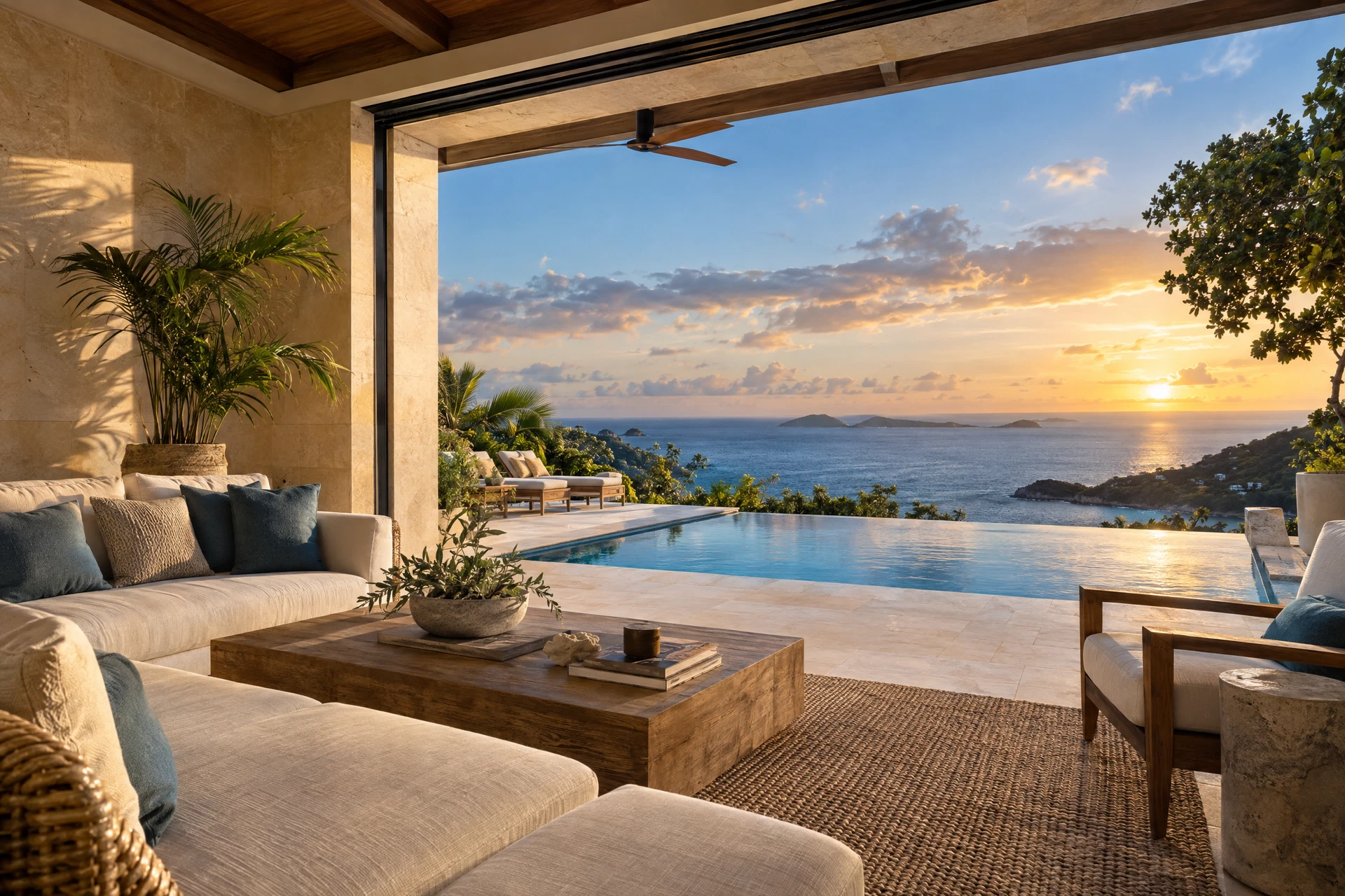 Luxury island villa lounge opening to a pool and sea view
